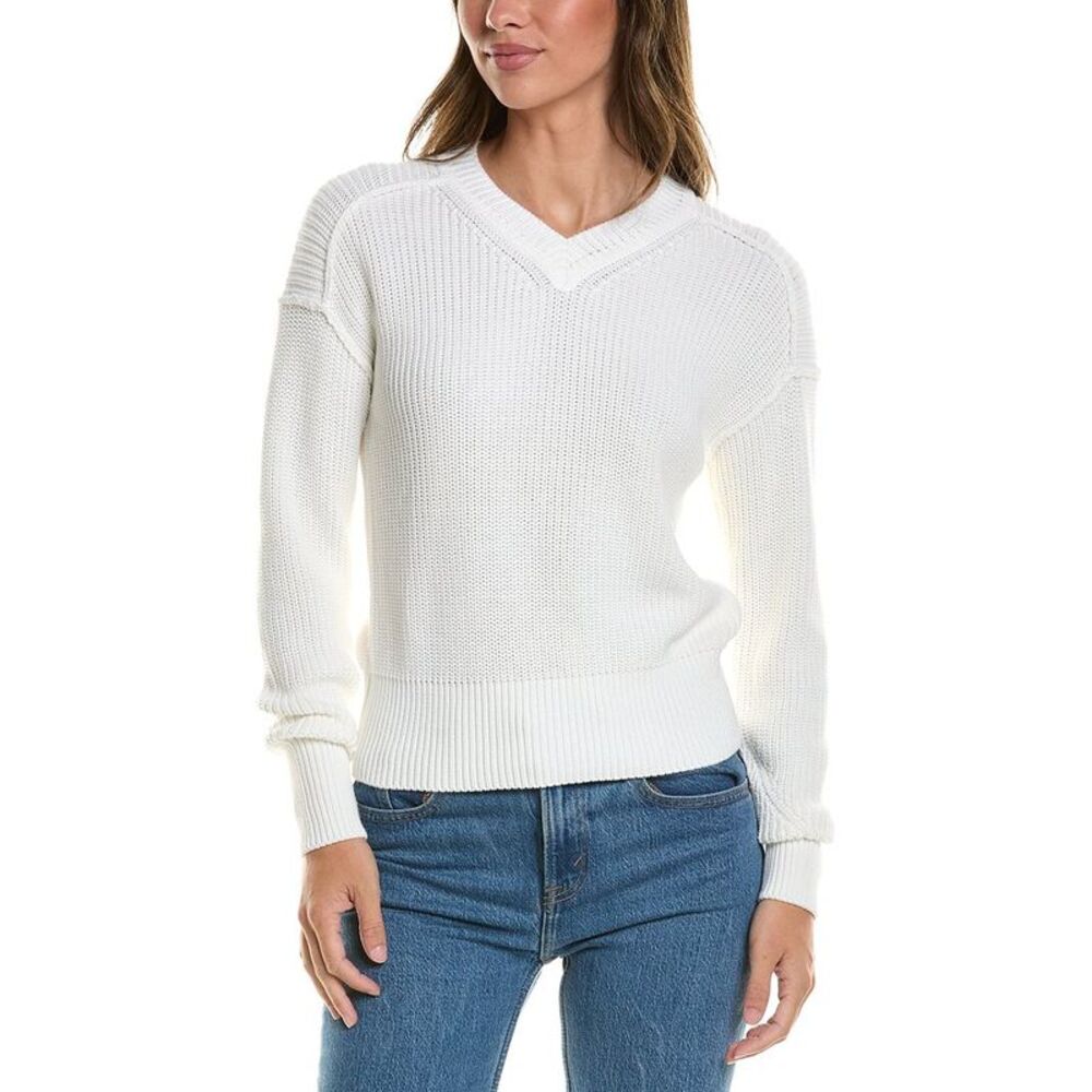Autumn Cashmere Womens Cotton By  Exposed Seam V-Neck Sweater